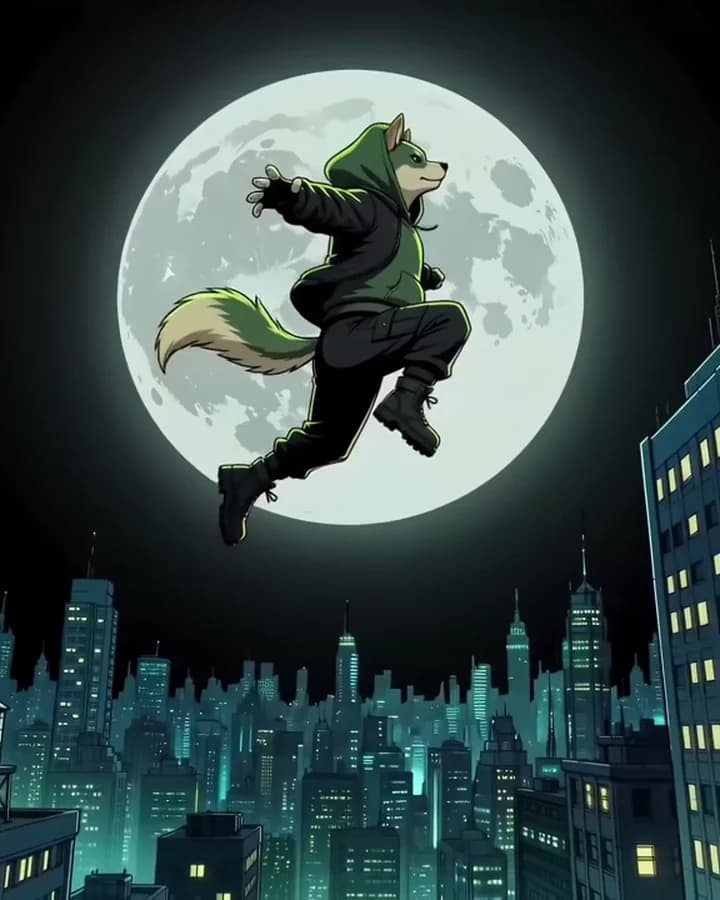 Shibinhood mid-leap between two towers, silhouetted against the full moon