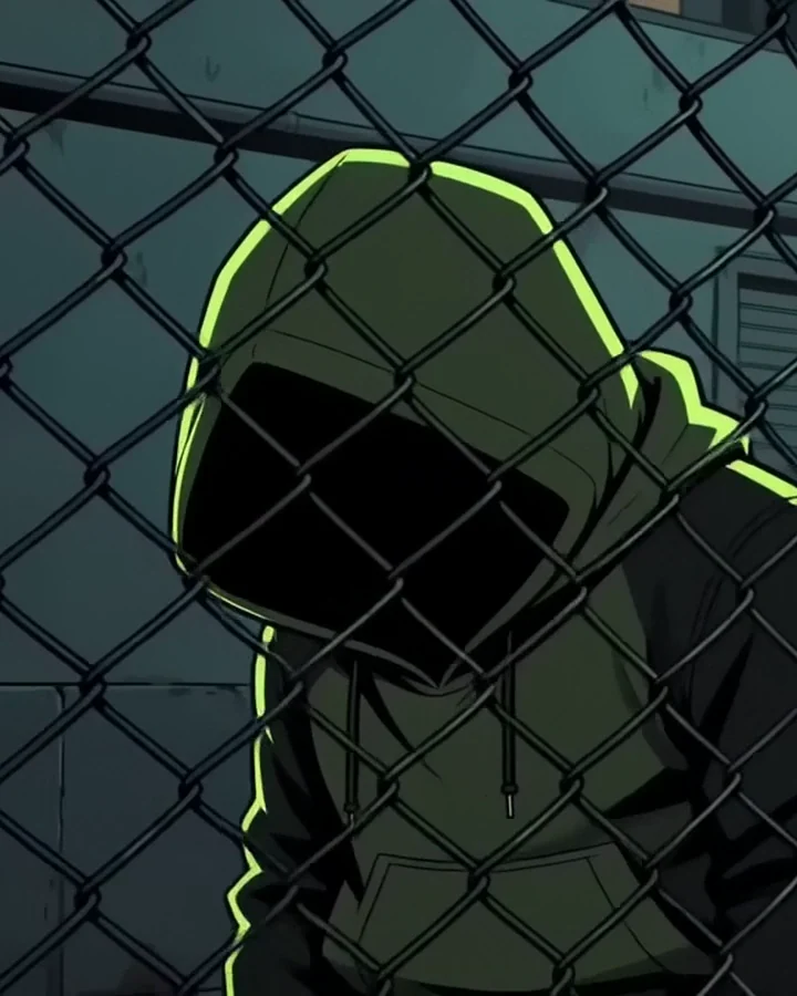 Shibinhood behind a chain-link fence, hood up, face in shadow